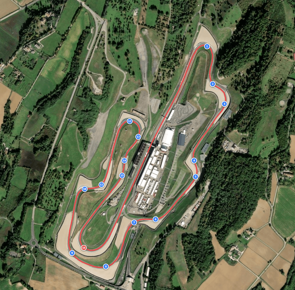 Satellite track map with the racing line and every corner marked around the lap
