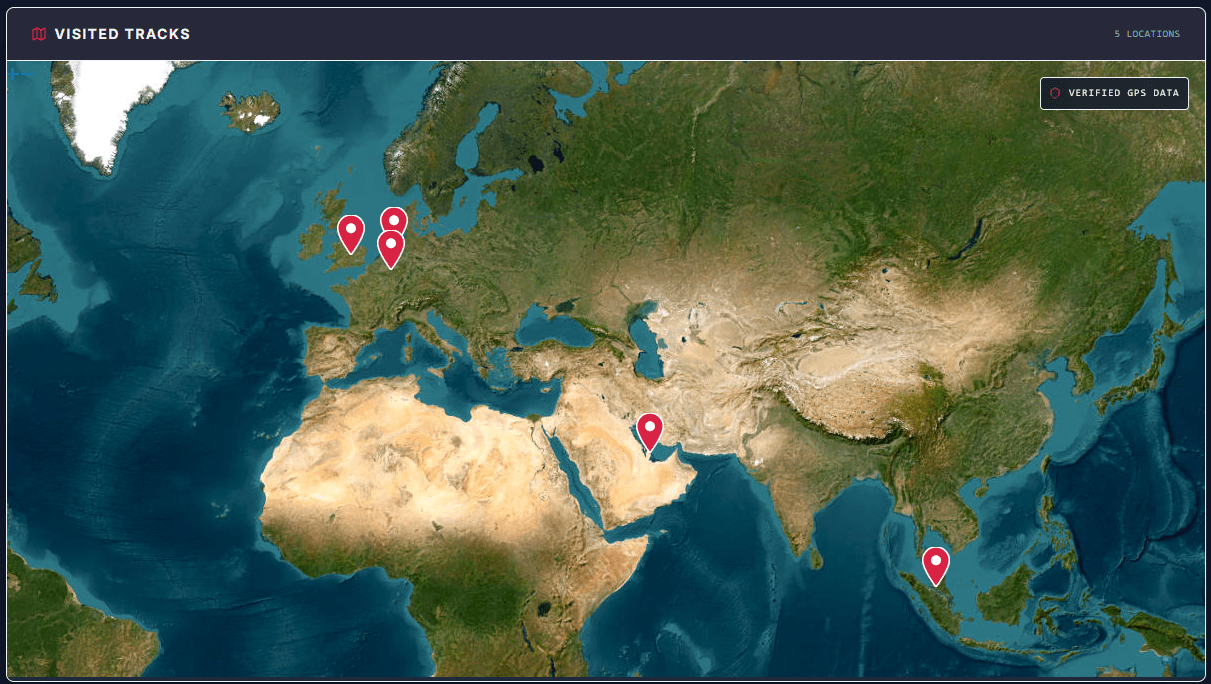 Map with a pin on each track a TrackTutor rider has recorded sessions at